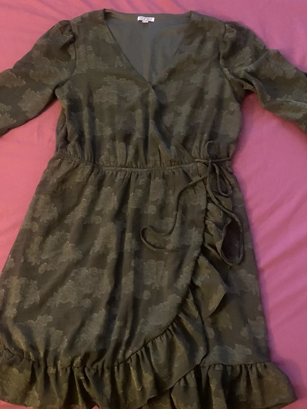Girls Olive Green Floral Wrap Dress with Ruffle Hem